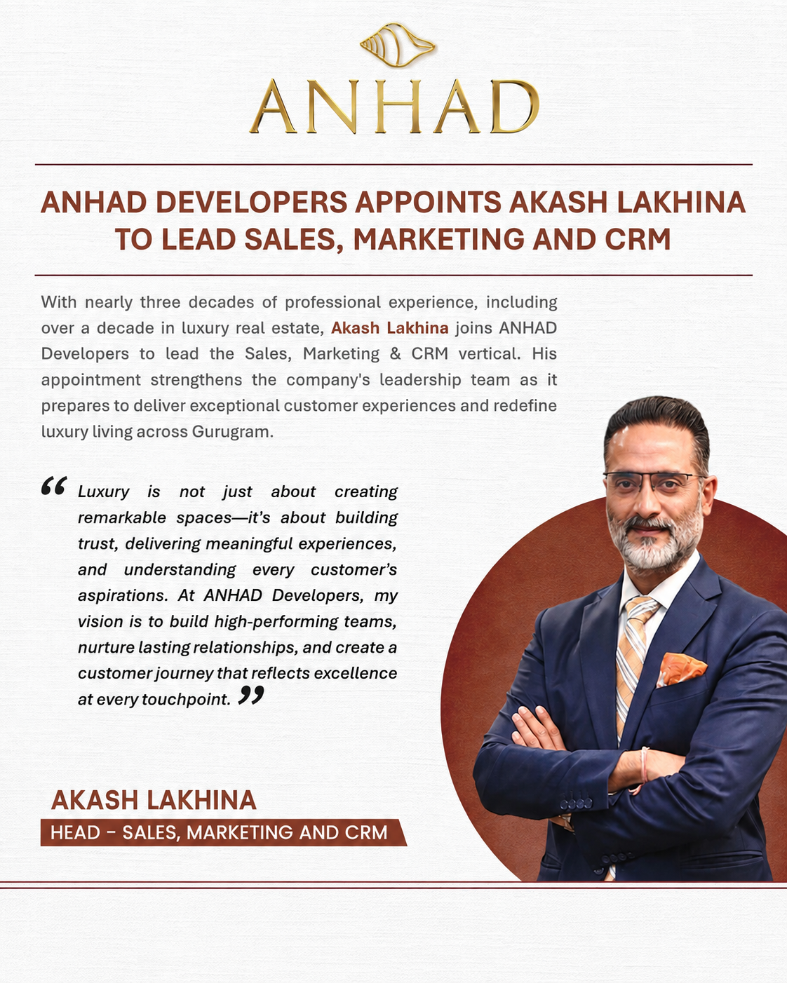 ANHAD Developers Appoints Akash Lakhina to Lead Sales, Marketing & CRM